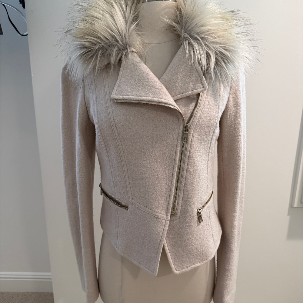 Ann Taylor Beige Jacket with Faux Fur Collar